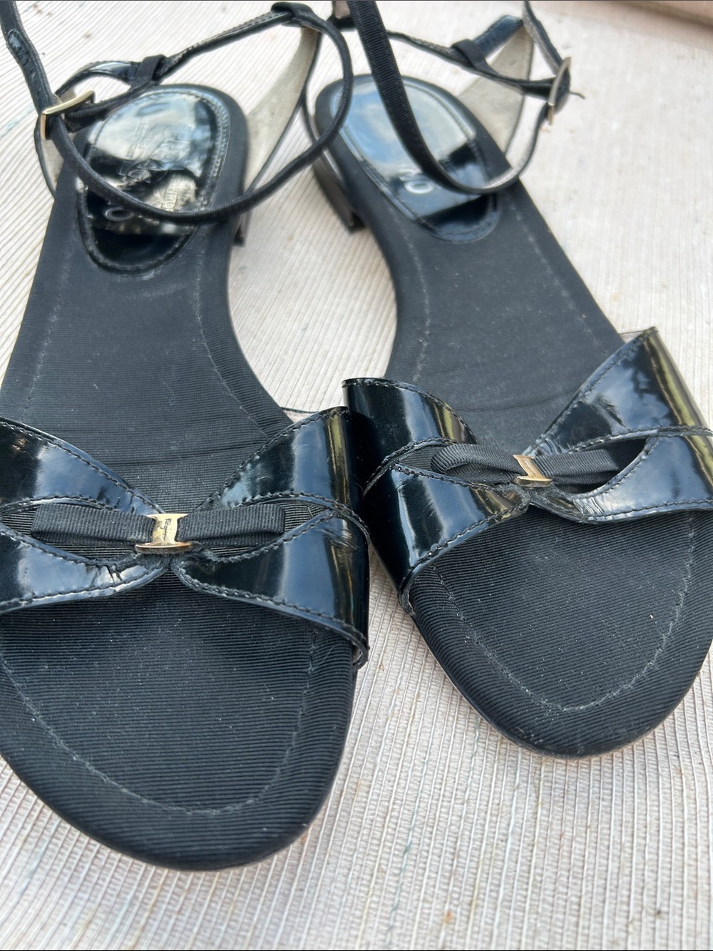 Salvatore Ferragamo Black Patent Leather Bow-Tie Ankle Strap Sandals